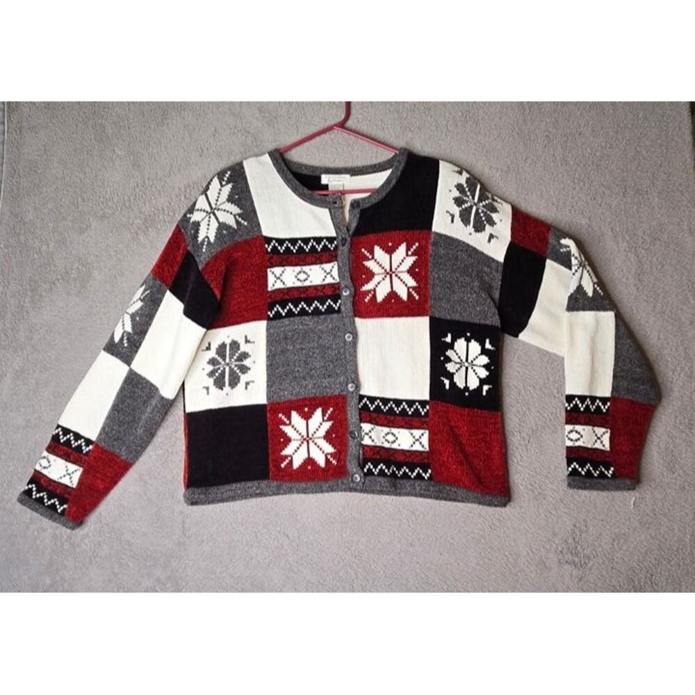 VTG Christopher & Banks Patchwork Large Cardigan Red Black White Gray Button Up